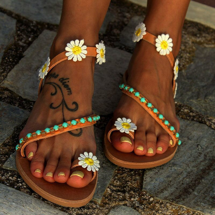 Wholesale Summer PU Flower Flat Open Toe Casual Sandals JDC-SD-WeiZ003