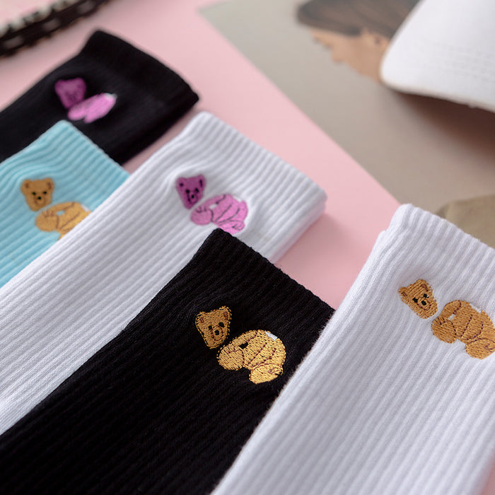 Wholesale Broken Head Bear Embroidery Sports Cotton Middle Socks JDC-SK-JiaY013