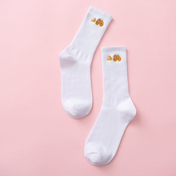 Wholesale Broken Head Bear Embroidery Sports Cotton Middle Socks JDC-SK-JiaY013