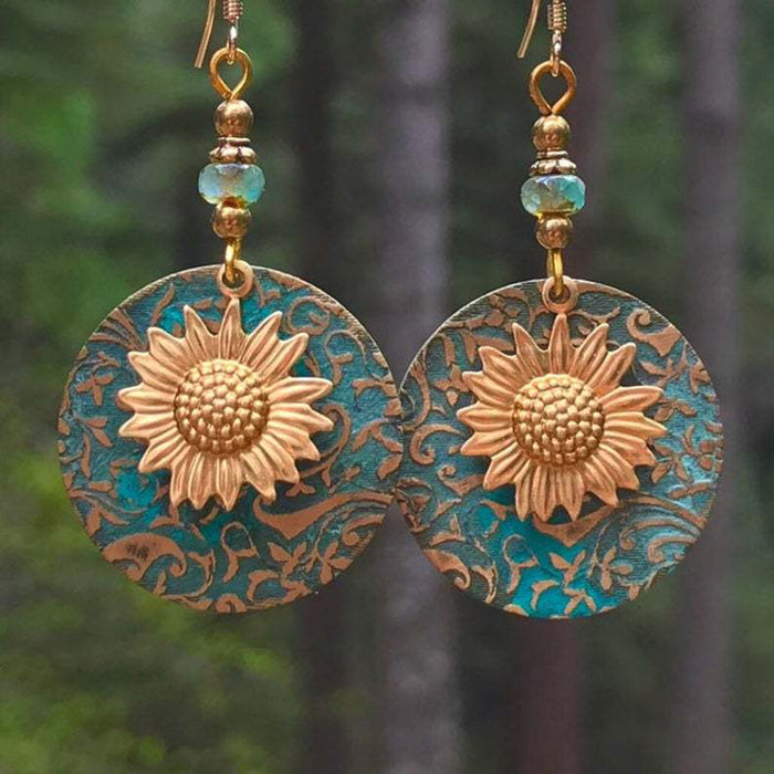 Wholesale New retro color separated double-layer sunflower pattern earrings, retro fashion earrings