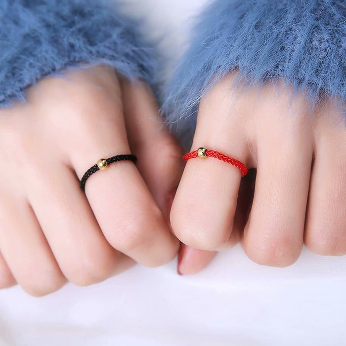 Wholesale Small Golden Bead Black Rope Transfer Bead Ring Couple Red Rope Weaving Ring Ring