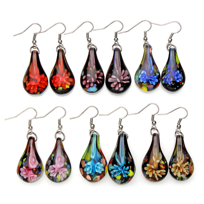 Wholesale Earrings Glass Black Bottom Glass Inner Flower Water Drop Pendant JDC-ES-YinW005