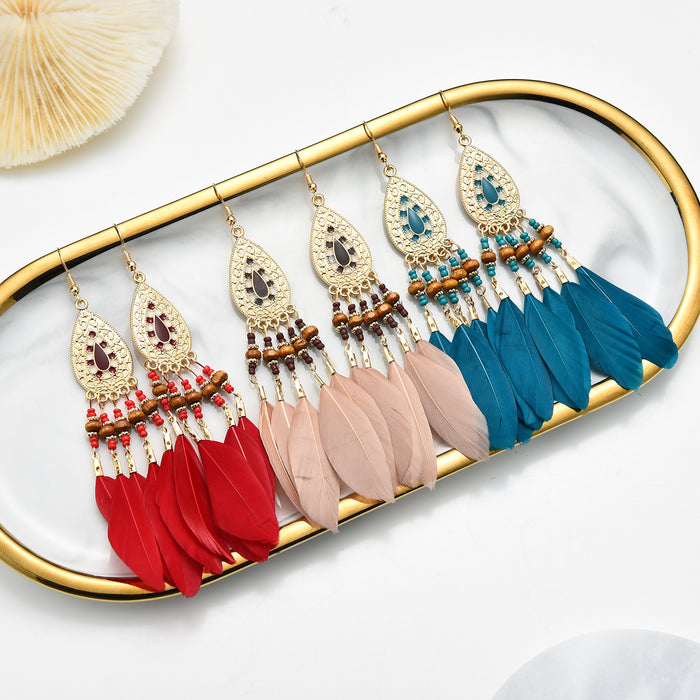 Wholesale Bohemian Ethnic Style Long Tassel Feather Earrings JDC-ES-ManW003