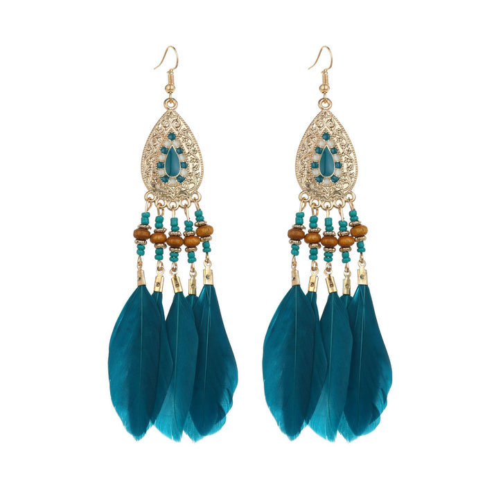 Wholesale Bohemian Ethnic Style Long Tassel Feather Earrings JDC-ES-ManW003