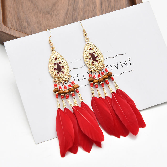 Wholesale Bohemian Ethnic Style Long Tassel Feather Earrings JDC-ES-ManW003