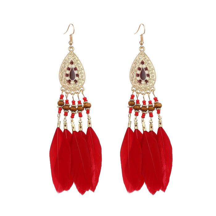 Wholesale Bohemian Ethnic Style Long Tassel Feather Earrings JDC-ES-ManW003