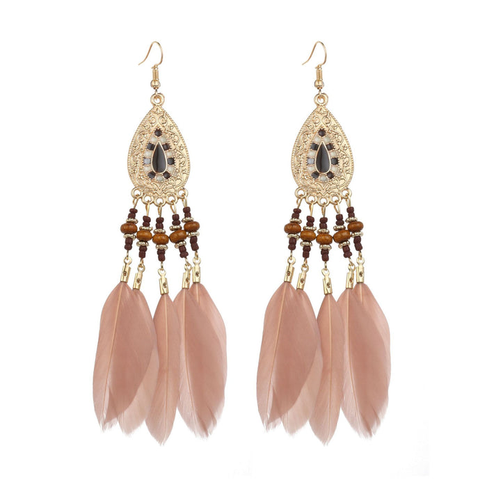 Wholesale Bohemian Ethnic Style Long Tassel Feather Earrings JDC-ES-ManW003