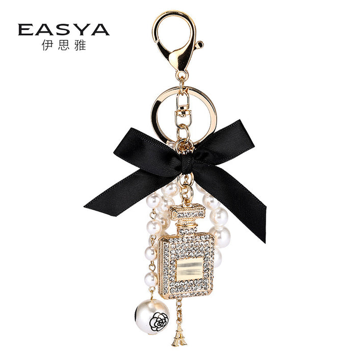 Wholesale Diamond Perfume Bottle Bow Pearl Alloy Keychain JDC-KC-CH120