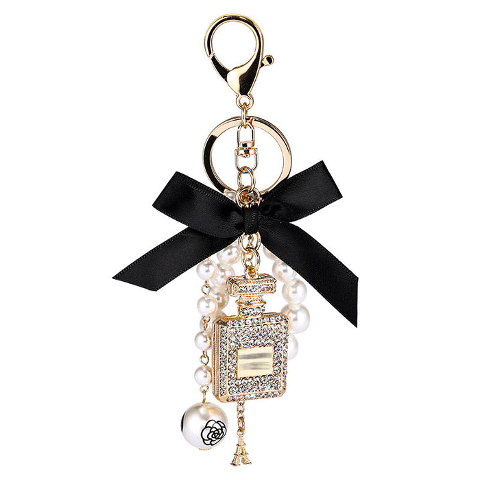 Wholesale Diamond Perfume Bottle Bow Pearl Alloy Keychain JDC-KC-CH120