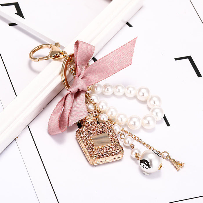 Wholesale Diamond Perfume Bottle Bow Pearl Alloy Keychain JDC-KC-CH120