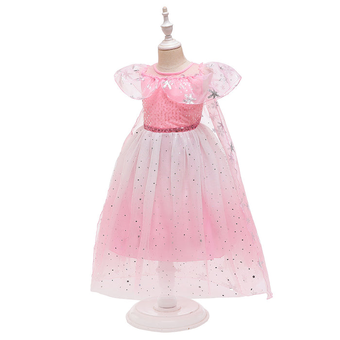 Wholesale Sequins with Cape Mesh Puff Children's Performance Dress