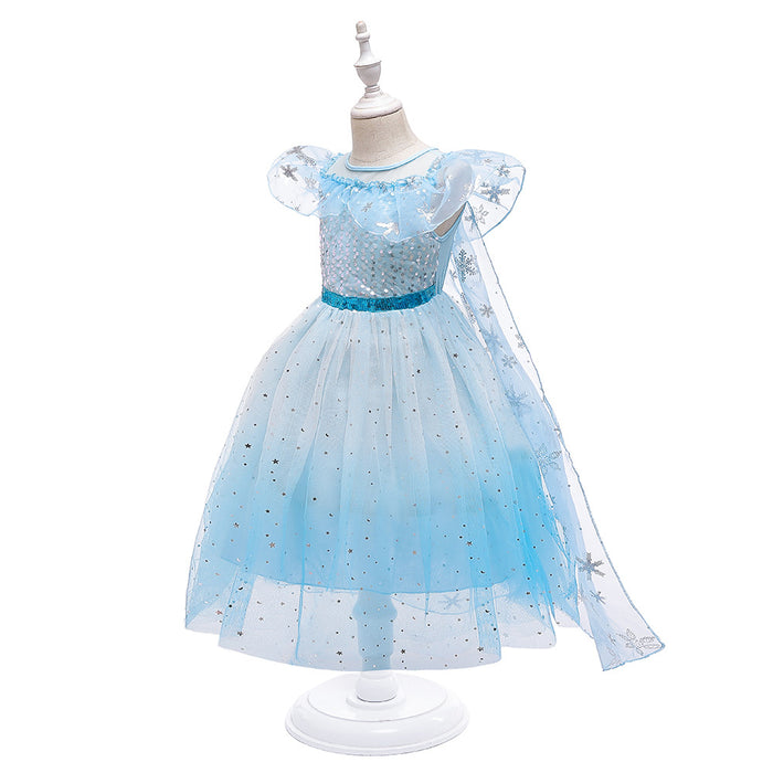 Wholesale Sequins with Cape Mesh Puff Children's Performance Dress