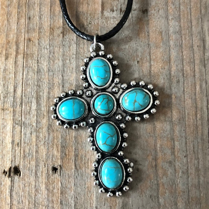 Wholesale Vintage turquoise cross necklace, antique silver clothing accessory necklace