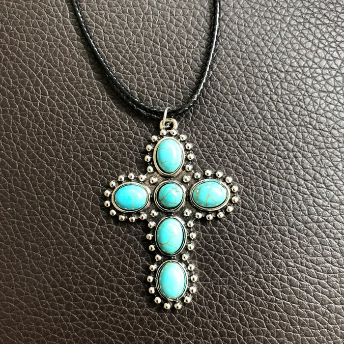 Wholesale Vintage turquoise cross necklace, antique silver clothing accessory necklace