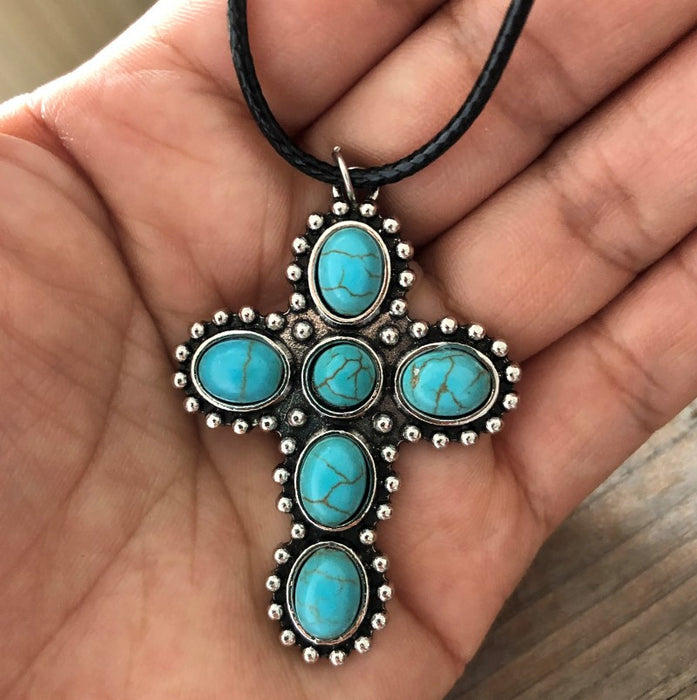 Wholesale Vintage turquoise cross necklace, antique silver clothing accessory necklace