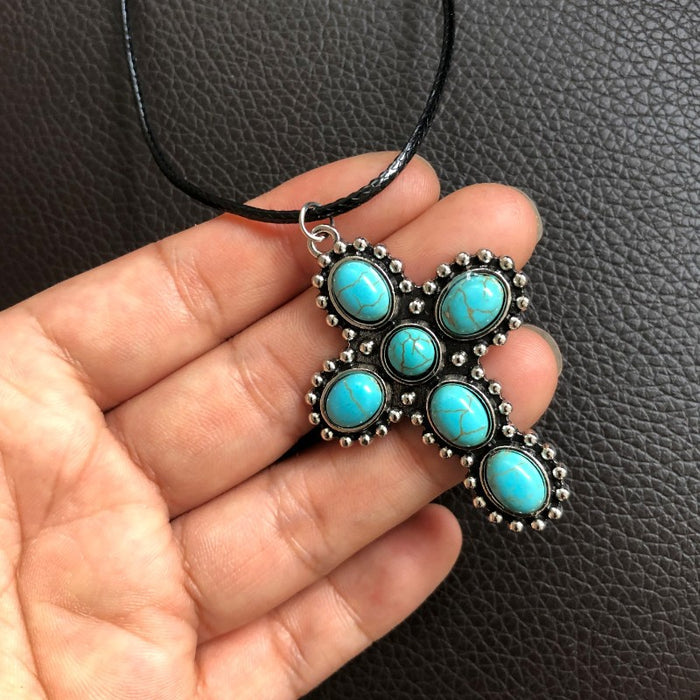 Wholesale Vintage turquoise cross necklace, antique silver clothing accessory necklace
