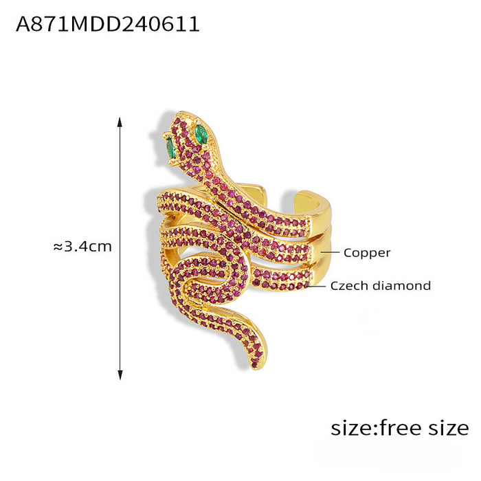 Wholesale Snake Shape Inlaid Colored Diamond Copper Material Open Ring JDC-RS-MiLi002