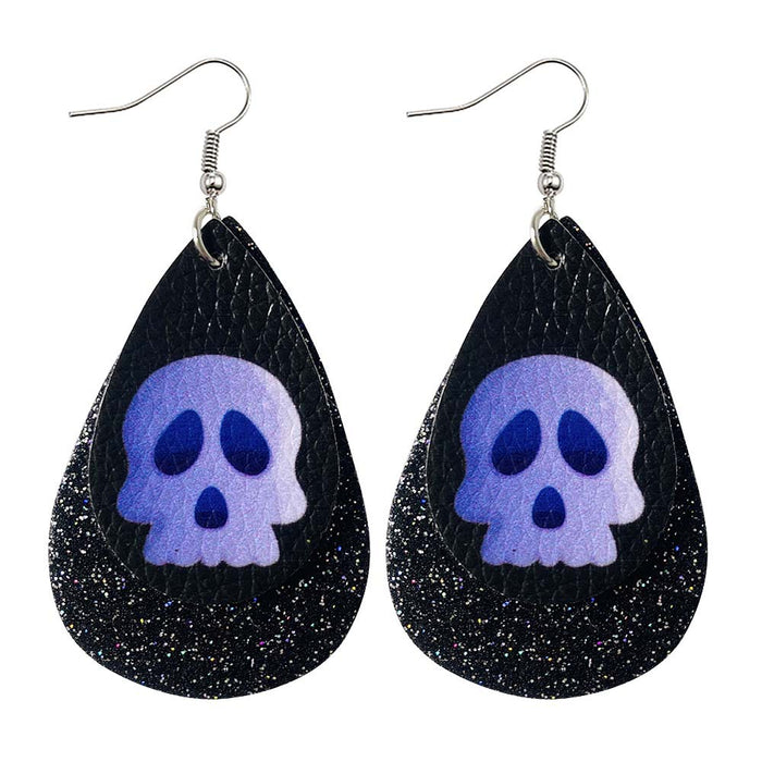 Wholesale 50pcs Double-Layer Leather Earrings Skull Sequin Drop-Shaped Pu Leather Earrings Ear Jewelry