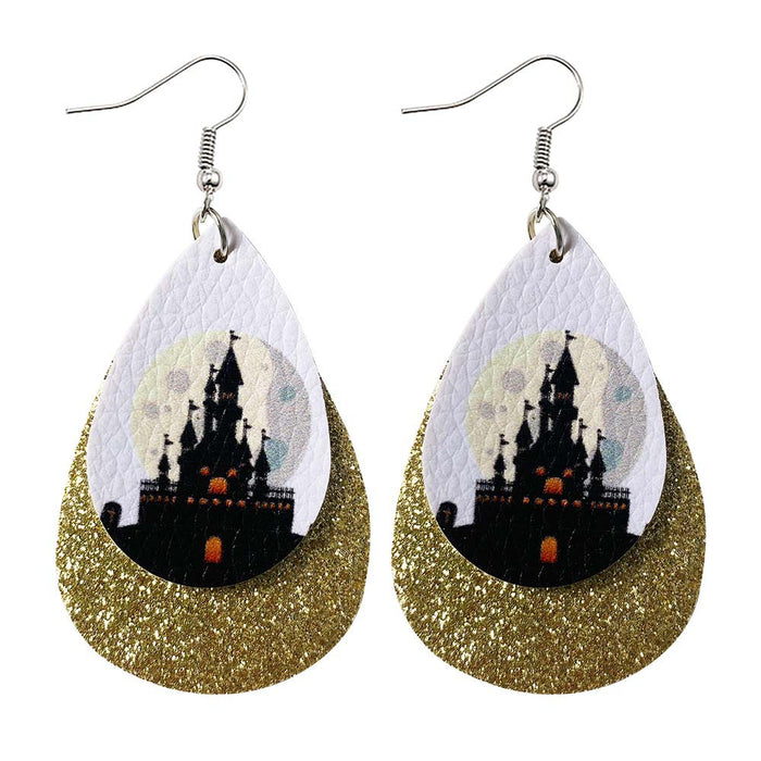 Wholesale 50pcs Double-Layer Leather Earrings Skull Sequin Drop-Shaped Pu Leather Earrings Ear Jewelry