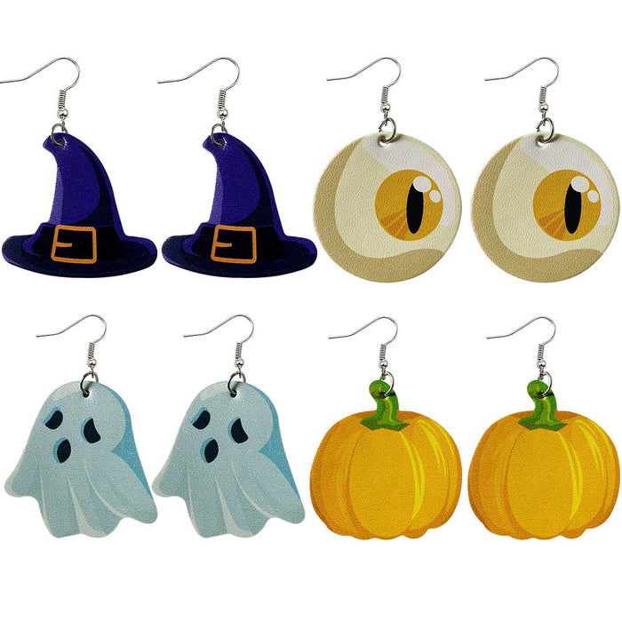 Wholesale  Leather Earrings Drop-Shaped Pumpkin Lantern Double-Sided Printed Pu Leather Earrings