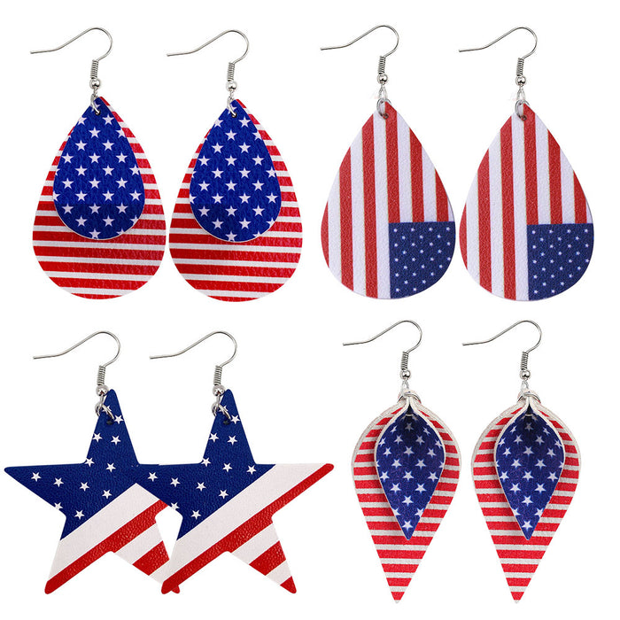 Wholesale Leather earrings with printed national flag pentagram PU leather earrings, water droplet multi-layer earrings, earrings wholesale