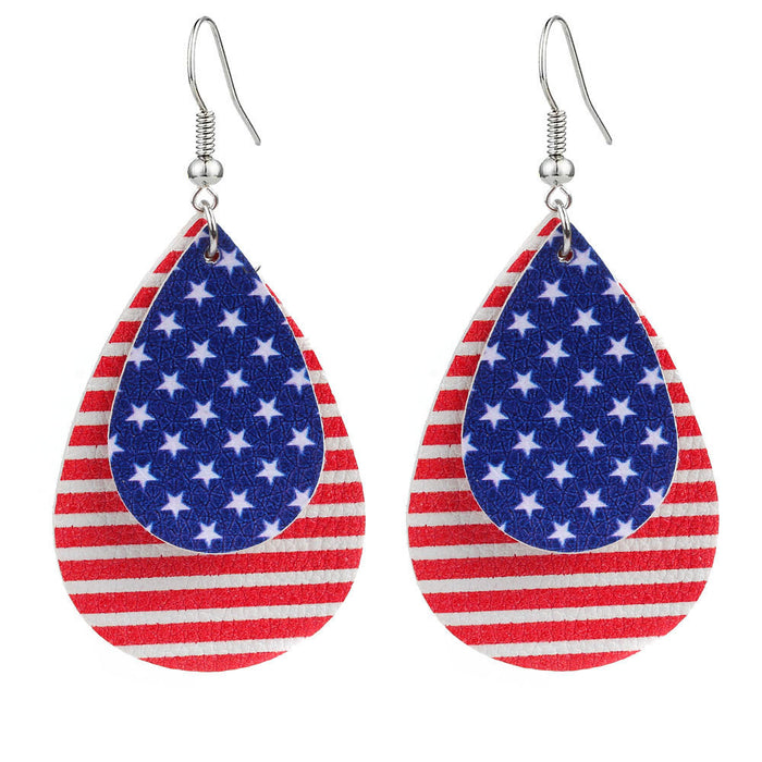 Wholesale Leather earrings with printed national flag pentagram PU leather earrings, water droplet multi-layer earrings, earrings wholesale