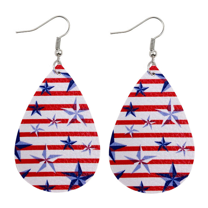 Wholesale Leather earrings with printed national flag pentagram PU leather earrings, water droplet multi-layer earrings, earrings wholesale