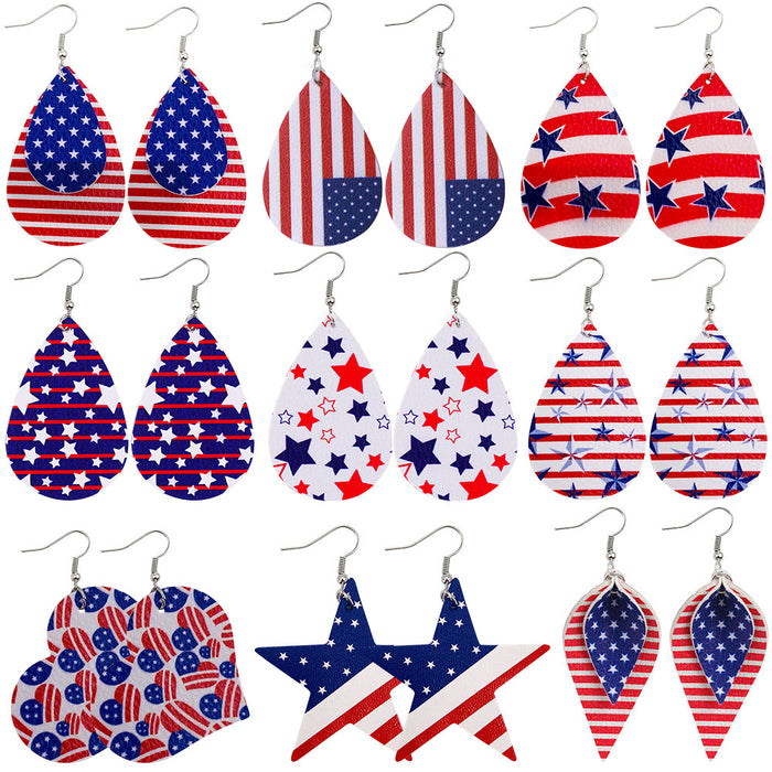Wholesale Leather earrings with printed national flag pentagram PU leather earrings, water droplet multi-layer earrings, earrings wholesale