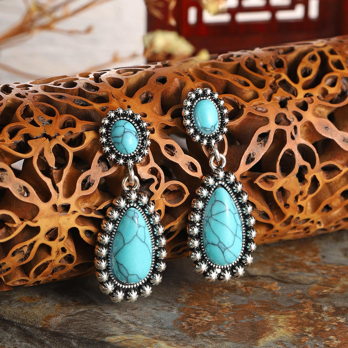 Wholesale New turquoise earrings, antique silver earrings, retro earrings, exaggerated accessories