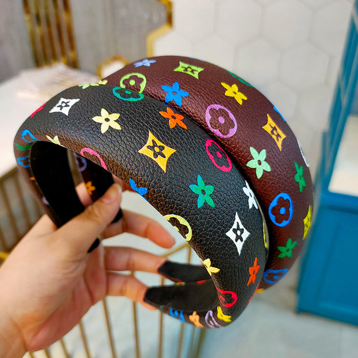 Wholesale Retro temperament headband leather color printed grid wide edge headband hair accessory simple face washing pressure hair accessory hair clip