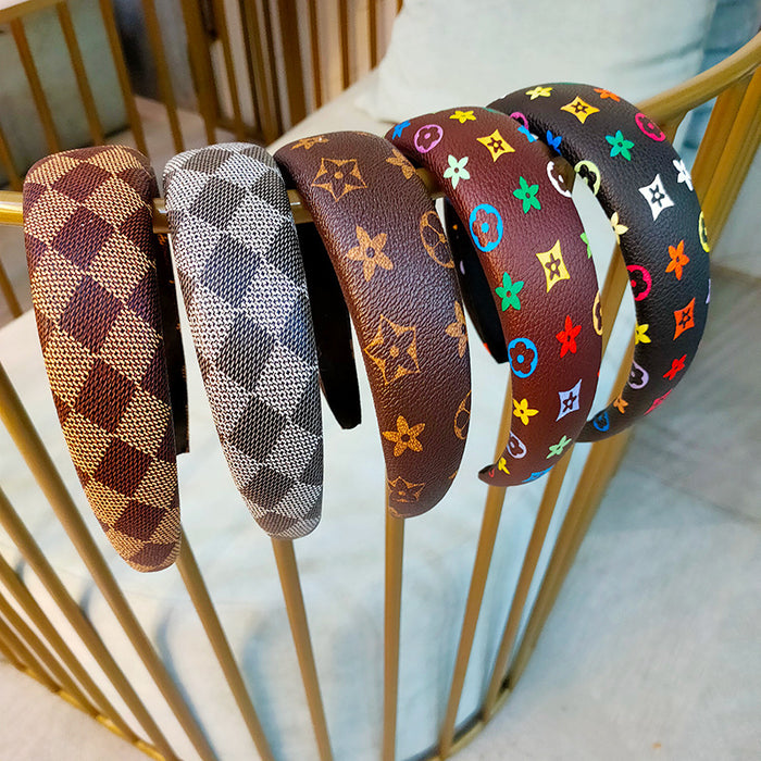 Wholesale Retro temperament headband leather color printed grid wide edge headband hair accessory simple face washing pressure hair accessory hair clip