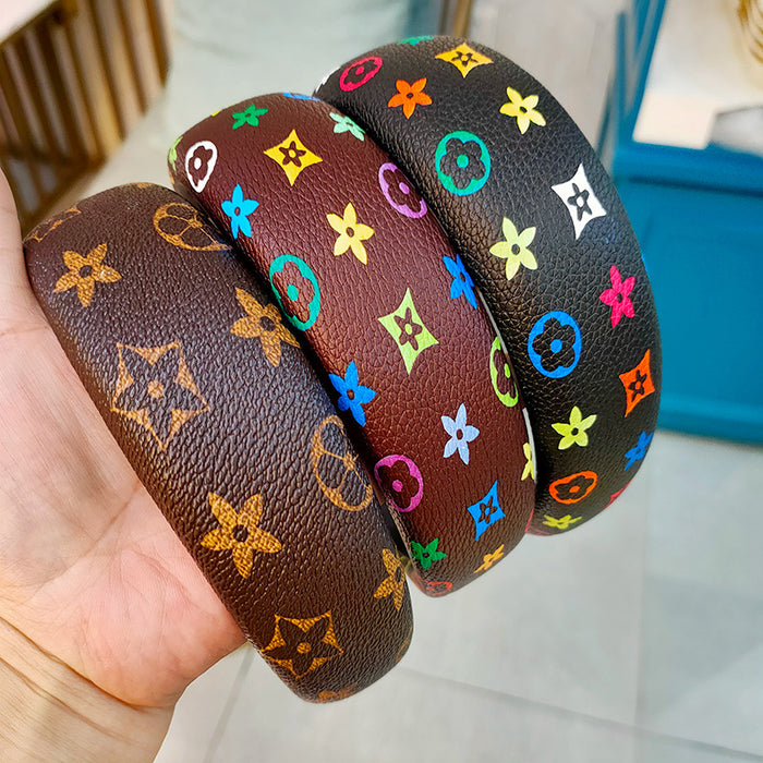 Wholesale Retro temperament headband leather color printed grid wide edge headband hair accessory simple face washing pressure hair accessory hair clip