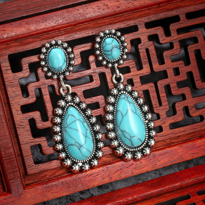 Wholesale New turquoise earrings, antique silver earrings, retro earrings, exaggerated accessories