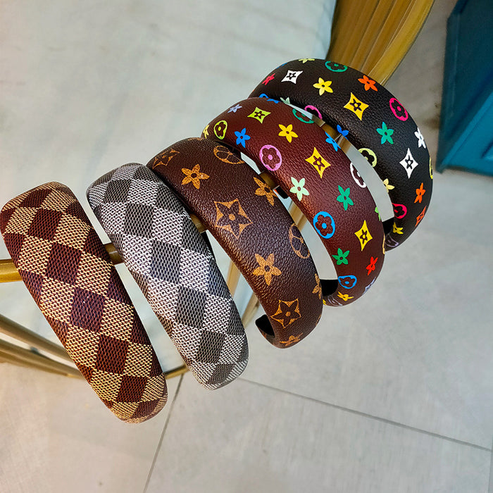 Wholesale Retro temperament headband leather color printed grid wide edge headband hair accessory simple face washing pressure hair accessory hair clip
