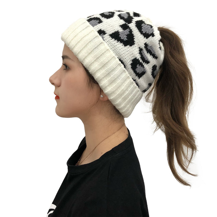 Wholesale Hat Acrylic Leopard Jacquard Ponytail Knit Beanie Beanie JDC-FH-YiXun003