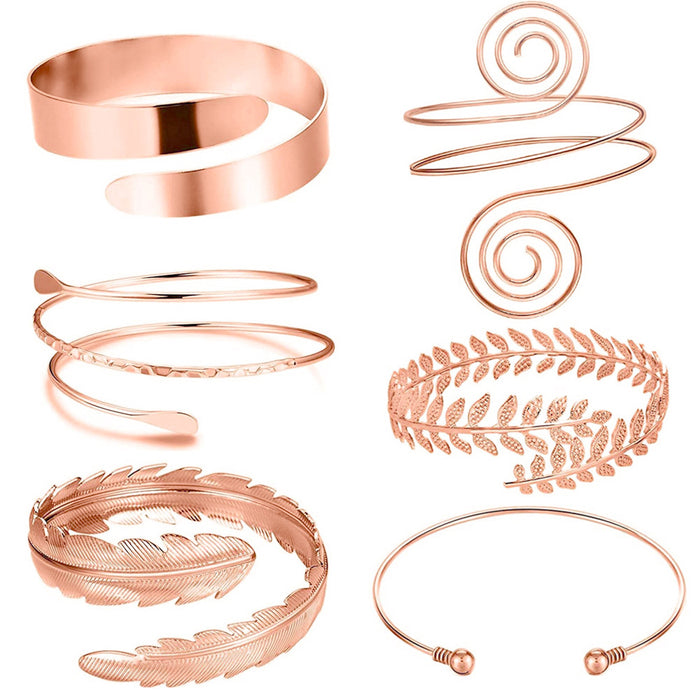 Wholesale Geometric metal arm ring six piece set, personalized exaggerated leaf bracelet set