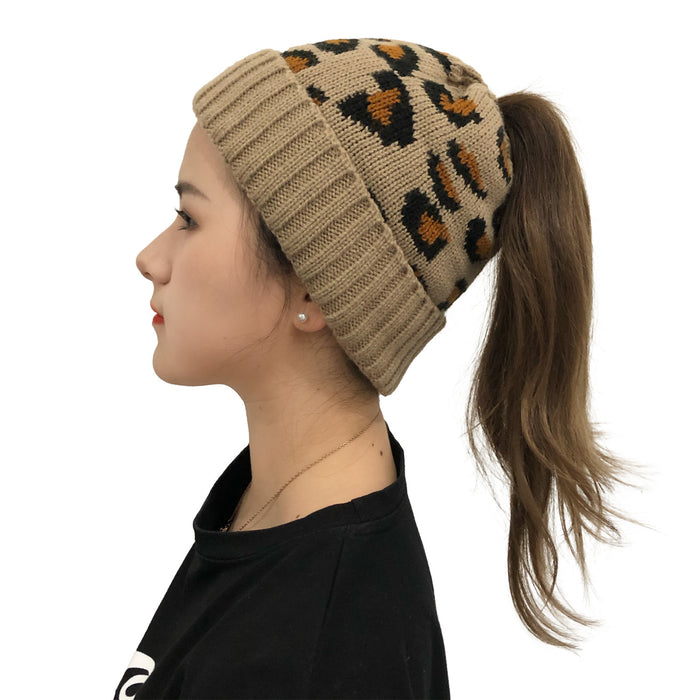 Wholesale Hat Acrylic Leopard Jacquard Ponytail Knit Beanie Beanie JDC-FH-YiXun003