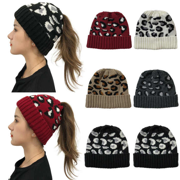 Wholesale Hat Acrylic Leopard Jacquard Ponytail Knit Beanie Beanie JDC-FH-YiXun003