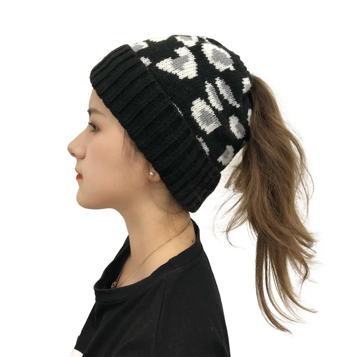 Wholesale Hat Acrylic Leopard Jacquard Ponytail Knit Beanie Beanie JDC-FH-YiXun003