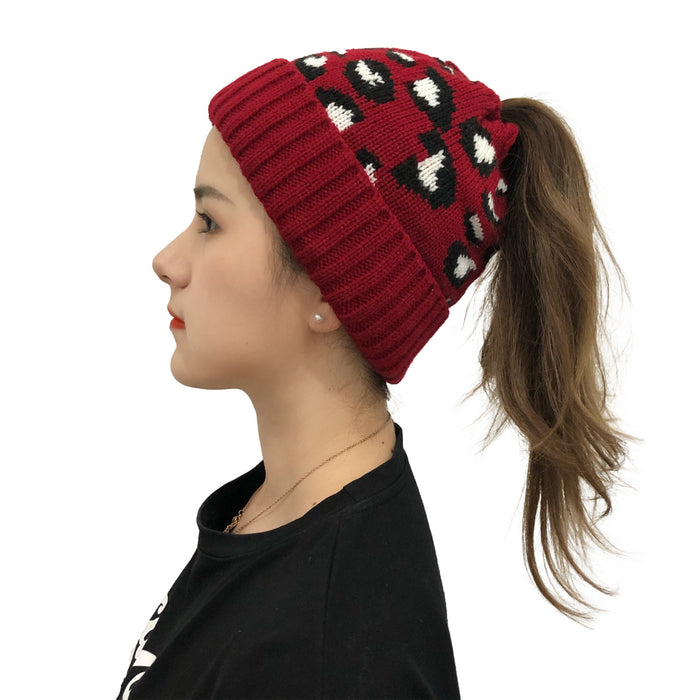 Wholesale Hat Acrylic Leopard Jacquard Ponytail Knit Beanie Beanie JDC-FH-YiXun003