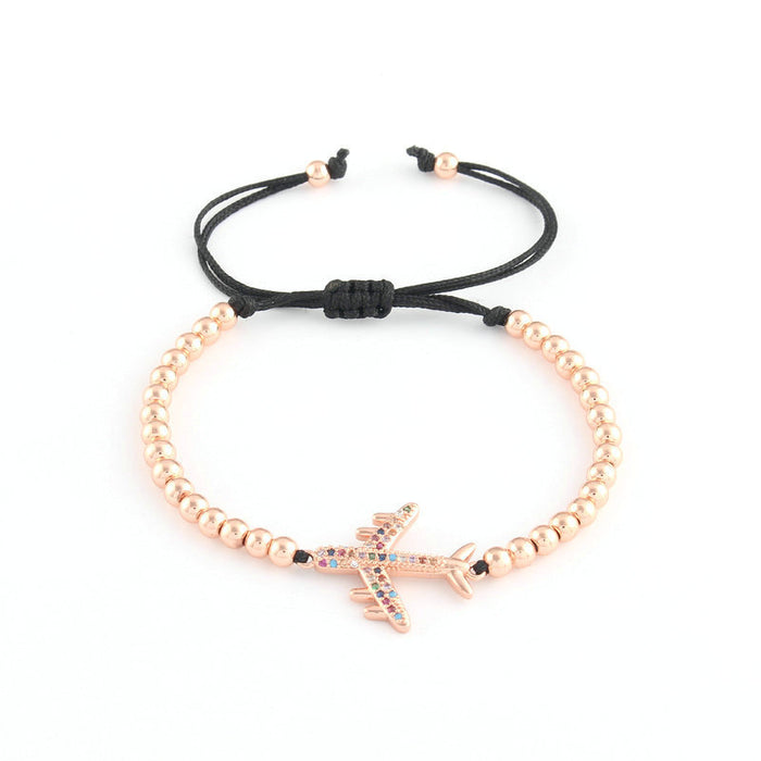 Wholesale Simple Beaded Bracelet Vacuum Plated Copper Beaded Zircon Aircraft Braided Rope Bracelet Adjustable Bracelet