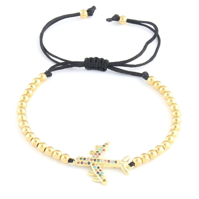 Wholesale Simple Beaded Bracelet Vacuum Plated Copper Beaded Zircon Aircraft Braided Rope Bracelet Adjustable Bracelet