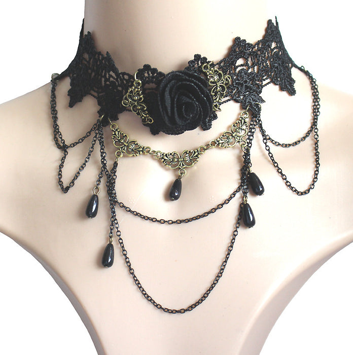 Wholesale Exaggerated Fashion Lace Necklace Black Rose Flower Neck Chain