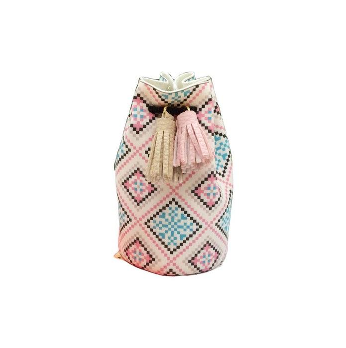 Wholesale PU Ethnic Style Drawstring Mini Aztec Printed Drawstring Cylindrical Handbag JDC-WT-HuHong005