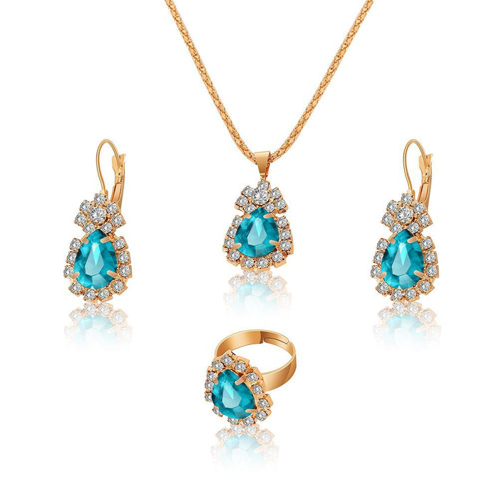Wholesale water drops rhinestone necklace earrings ring set high-grade bridal jewelry