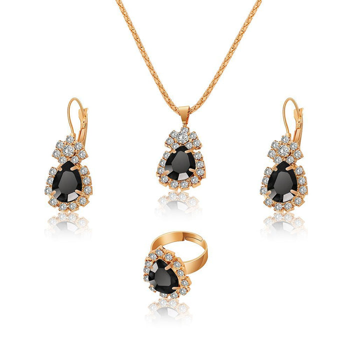 Wholesale water drops rhinestone necklace earrings ring set high-grade bridal jewelry