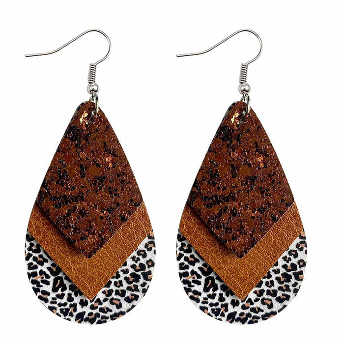 Wholesale 50pcs Earrings Multi-Layered Glitter Leopard Print Drop-Shaped Leather Earrings Export Leather Earrings