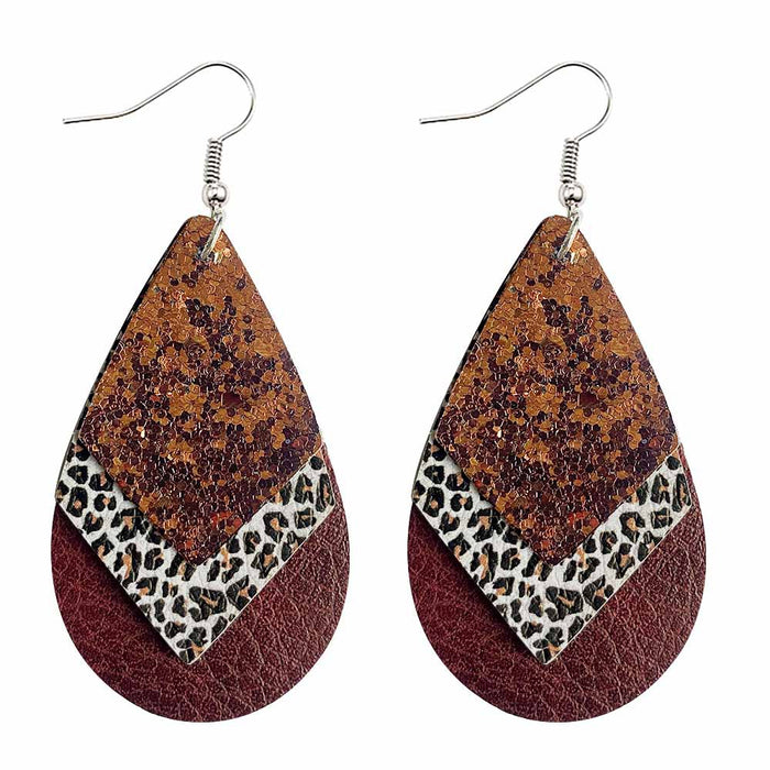 Wholesale 50pcs Earrings Multi-Layered Glitter Leopard Print Drop-Shaped Leather Earrings Export Leather Earrings