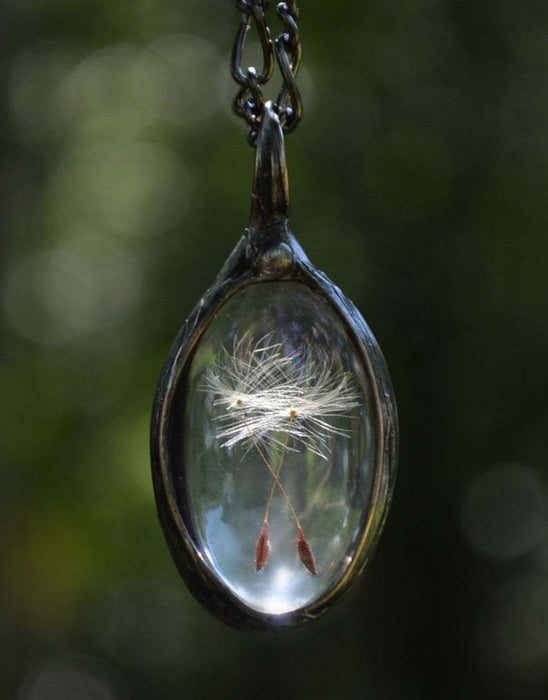 Wholesale Fashionable retro dandelion seed wish oval time gemstone glass necklace