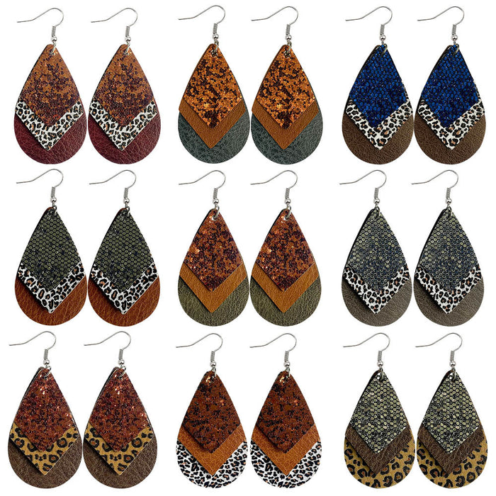 Wholesale 50pcs Earrings Multi-Layered Glitter Leopard Print Drop-Shaped Leather Earrings Export Leather Earrings